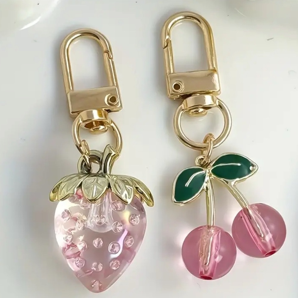 New Gold and Pink Fruit Charm Keychain Set